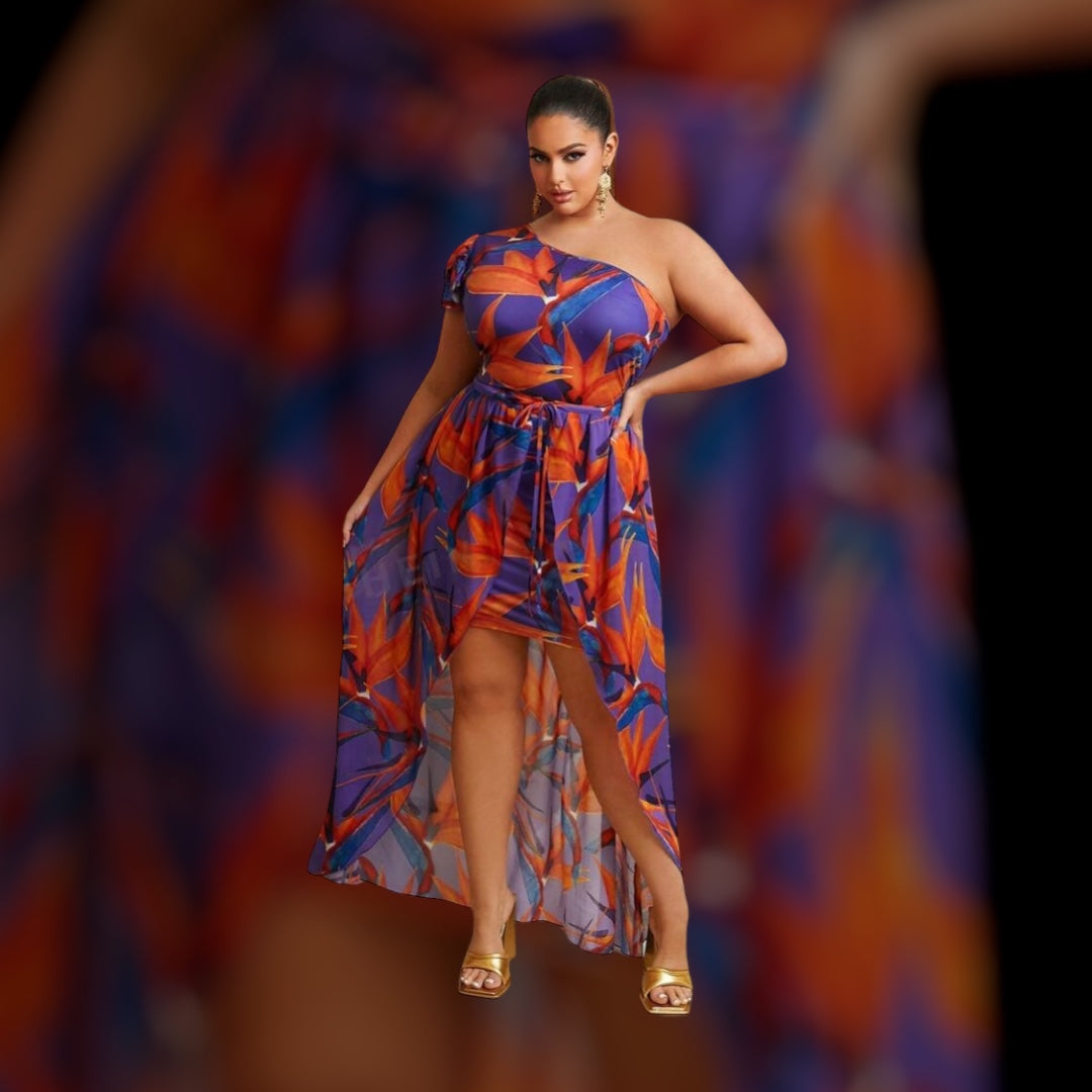 Grown & Sexy Beautiful Plus Size Allover Island Girl Styled Colors Printed One Shoulder High Low Skirt Wrap Sheer Dressy Clothes