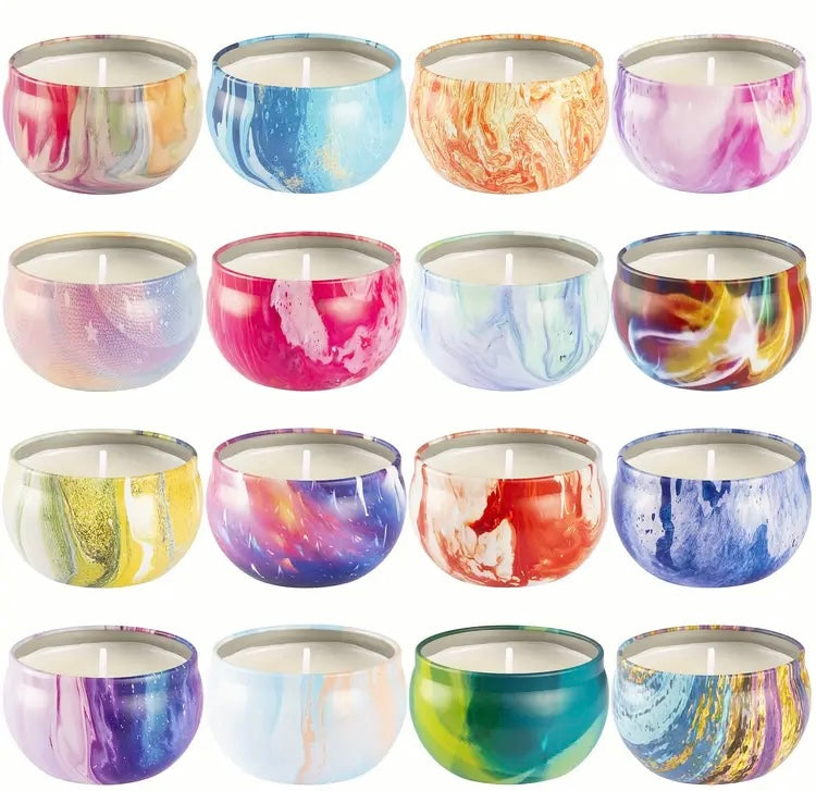 Fragrance Scented Handmade Soy Wax Small Candles w Round Metal Lid Container and Glitter Accents