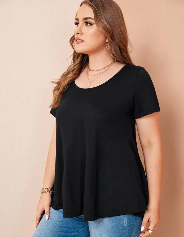 Plus Size Round Neck Solid Black Tie Backless Tie Tee Top Blouse