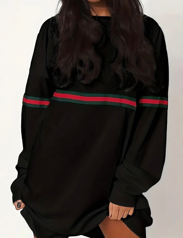 Black Plus Size Crew Neck Pullover Sweater Styled Dress Stretchy Polyester Fabric Casual Loose for Winter & Fall Vibes Women’s Comfortable Long Sleeve Dress for Everyday Wear