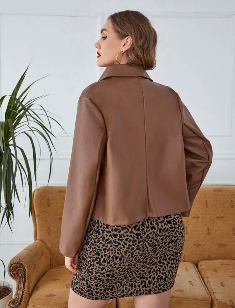 Women’s Fashion Brown PU Leather Collared Fashion Jacket Coat Plus Size