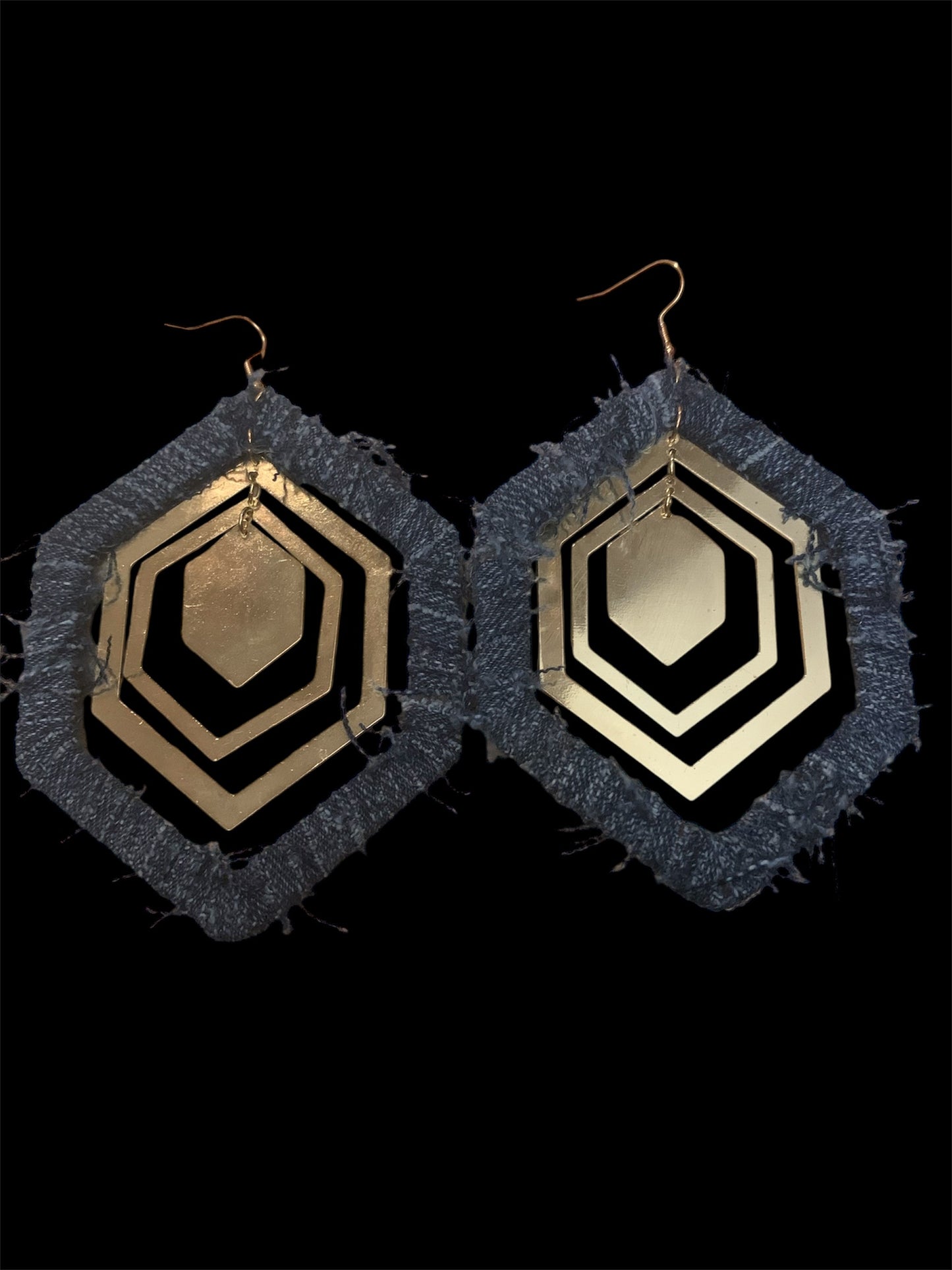 Handmade Fashion Denim Wood Statement Big Hexagon Distressed Earrings Accessories Women's Jewelry