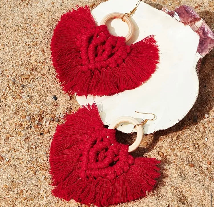 Red Fashion Bohemian Fabric Tassel Earrings Handmade Thread Dangle Earrings Vintage Ethnic Style Jewelry