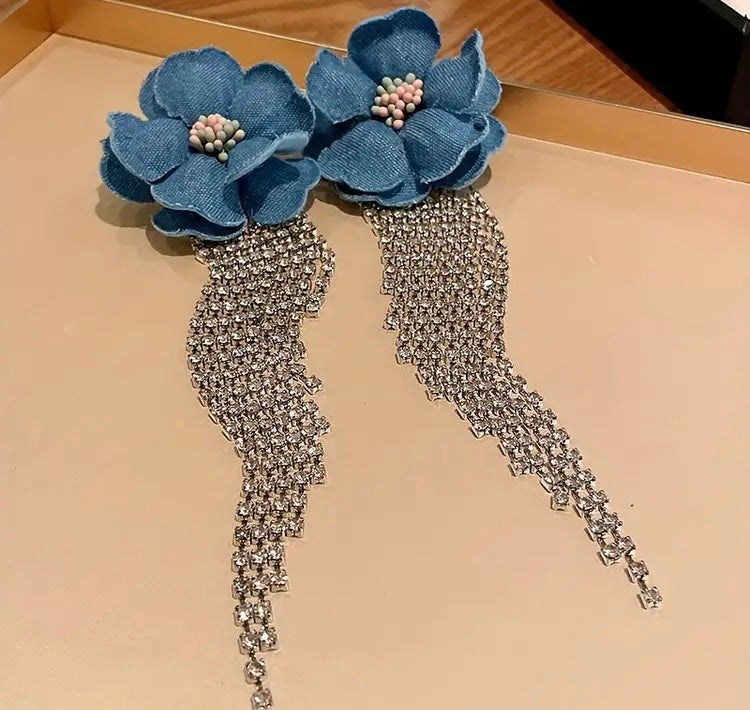 Elegant Styled Denim Blue Flower Tassel Earrings With Rhinestones Dangle Earrings for Formal & Casual Wear