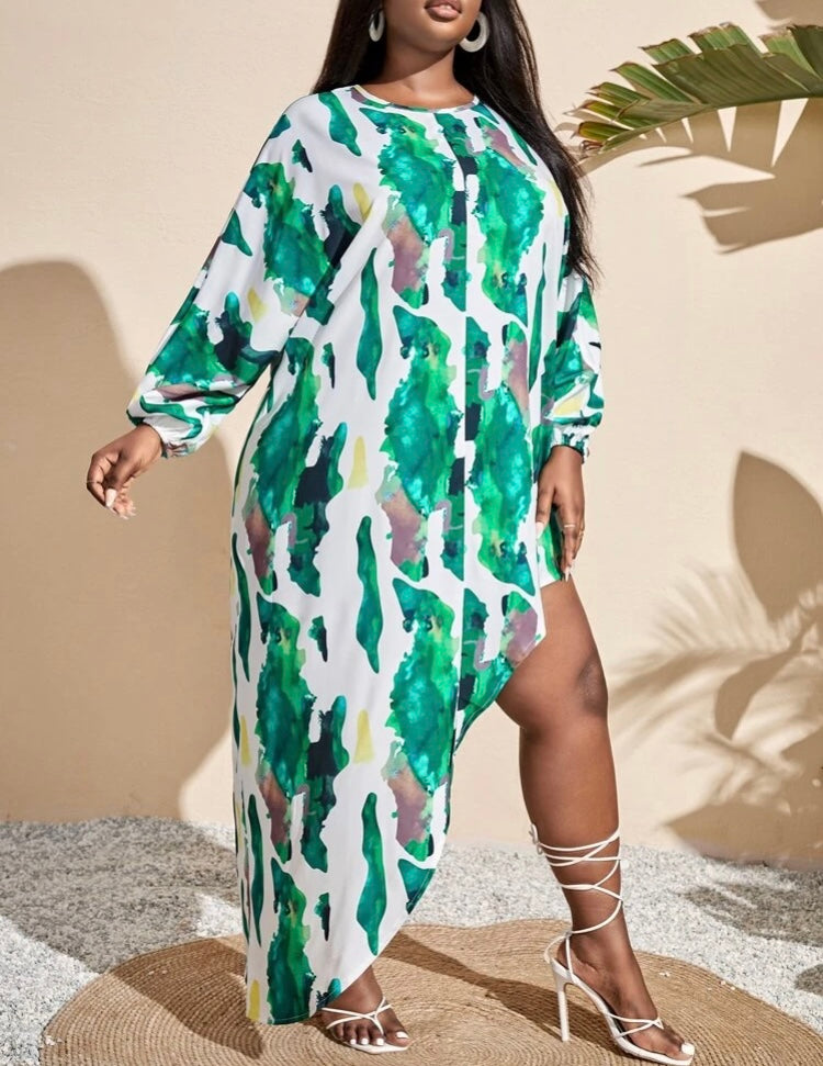 Green Diva Fatigue Camo Plus Tie Dye Long Sleeve One High Thigh Leg Hem Pull Over Dress Women’s Clothing