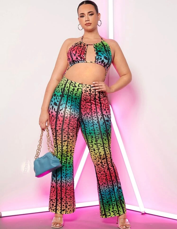 Taste the Rainbow Plus Leopard Print Cut Back Out Tie Backless Flare Leg Halter Jumpsuit