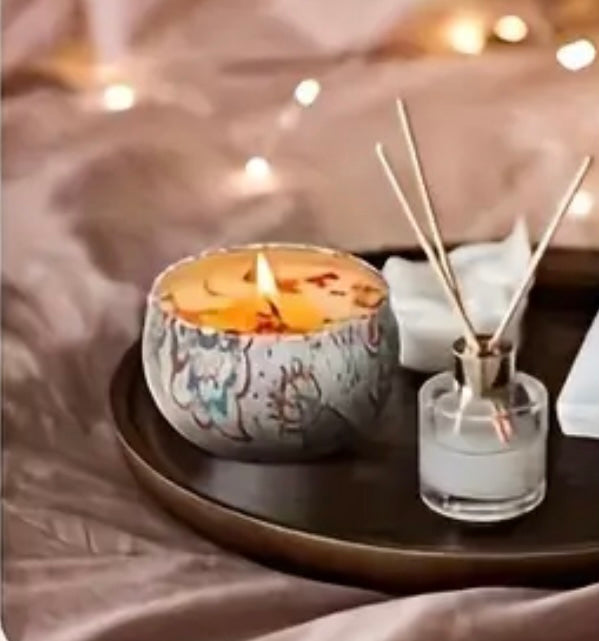 Fragrance Scented Handmade Soy Wax Small Candles w Round Metal Lid Container and Glitter Accents