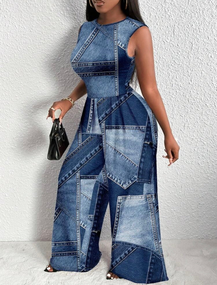 Fit the Denim Look Strike a Pose Women's Casual Loose Retro Patchwork Patterned Blue Jumpsuit Plus Size for all Seasons Wear
