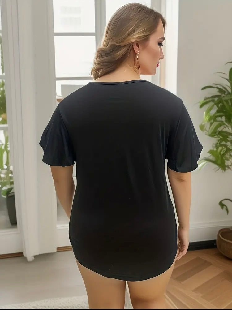 Plus Size Black Casual Basic Tee Women's Plus Plain Short Sleeve Round Neck Drawstring T-Shirt