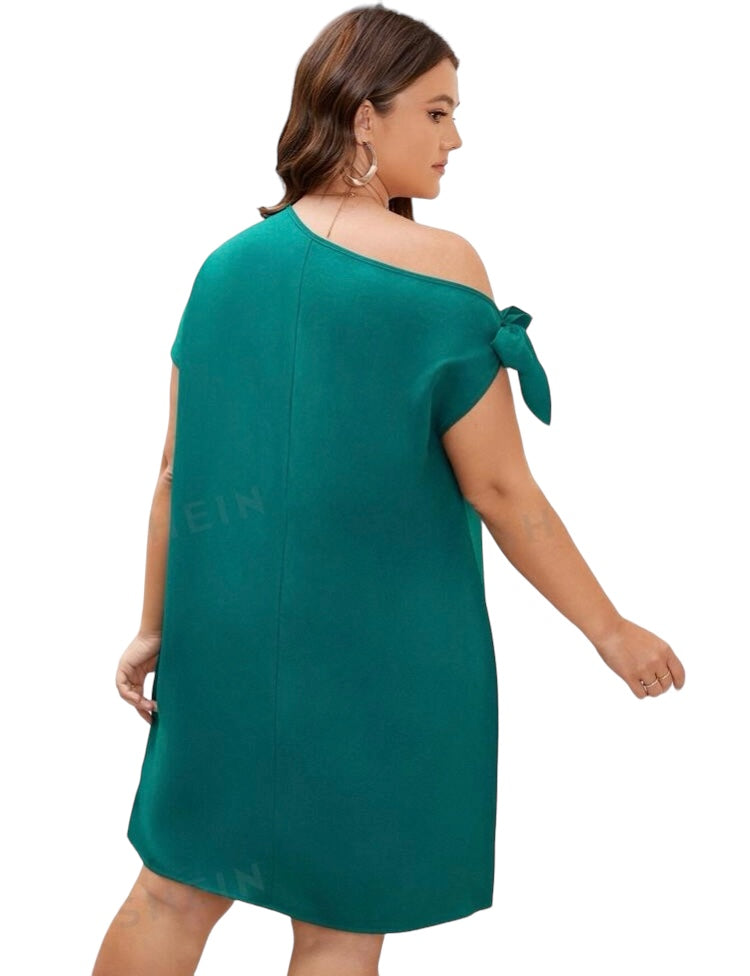 Beautiful Earth Tone Summer Green Plus Asymmetrical Off Neck Cute Bow Tie Cuff Dress Women’s Clothing