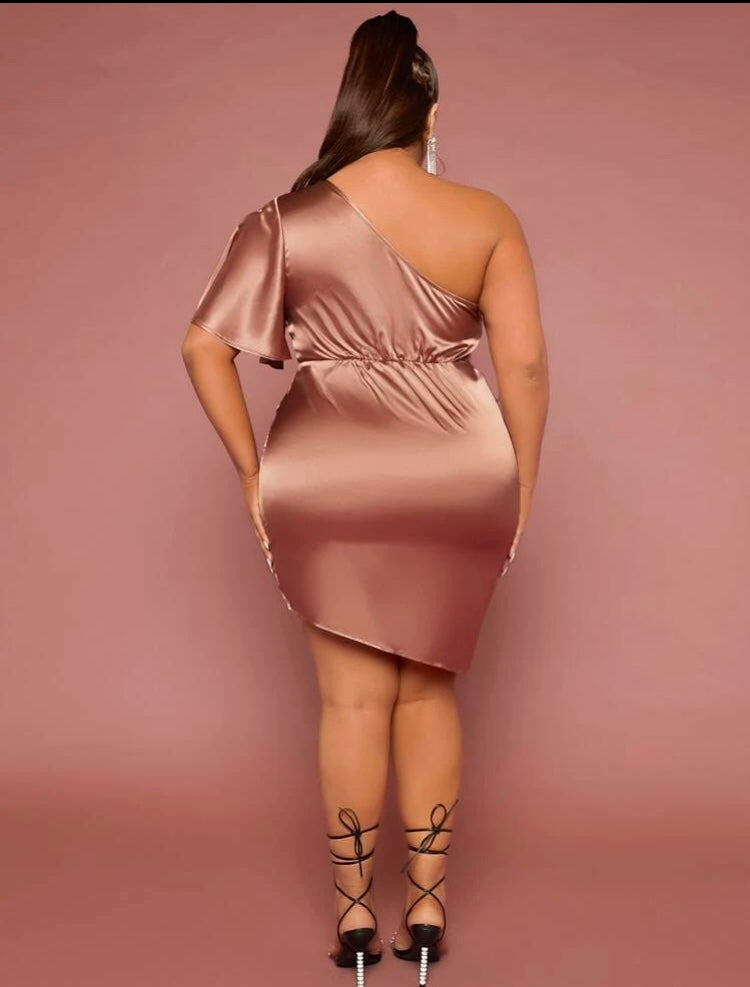 Sheer & Silk Rose Gold Plus One Shoulder Ruched Wrap Mini Formal Wedding Casual Satin Dress Clothes