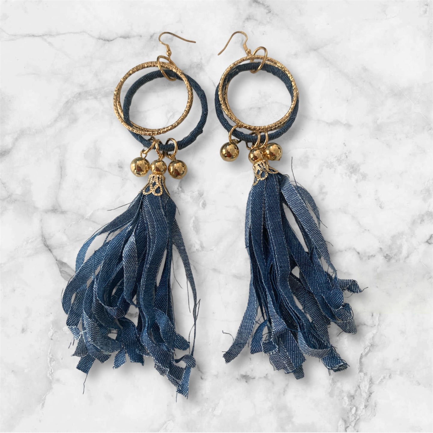 Fashion High Demand Denim Gold Long Earrings Handmade Accessories by T’s w ♥️
