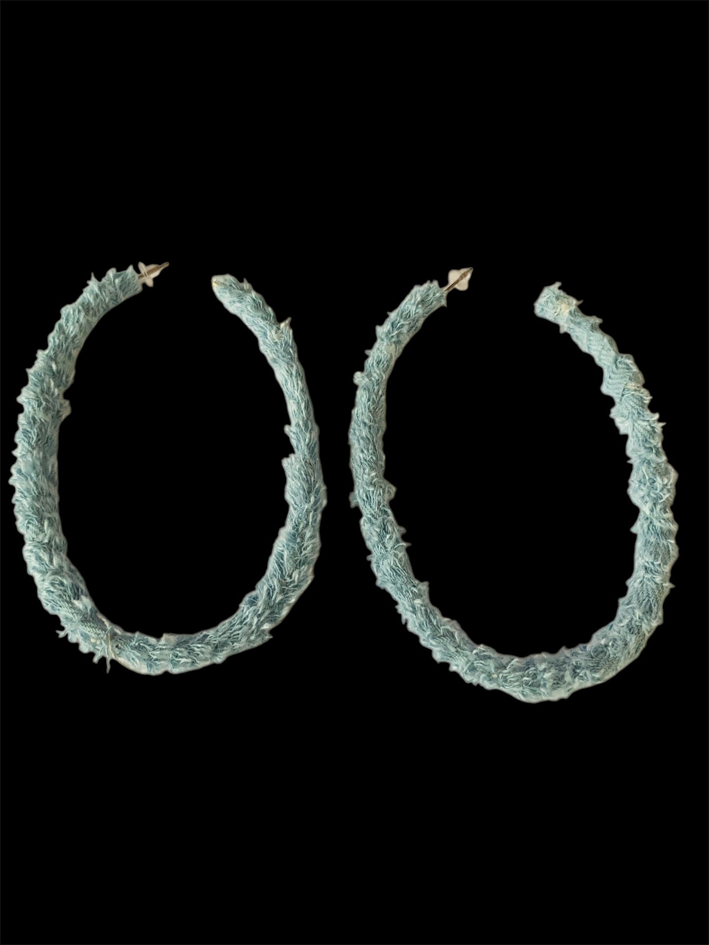 Fashion Statement Fuzzy Distressed Light Denim Handmade w Love Hoop Hobo Earrings