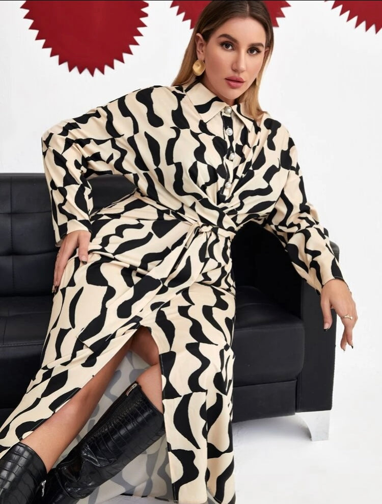 She Ate White Black Stunning Plus Size Geo Print Drop Shoulder Belted Shirt Dress Women’s Wear