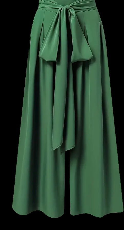 Beautiful Green Color Tie Waist Pants Casual Wide Leg Pants Women's Plus Size Clothing