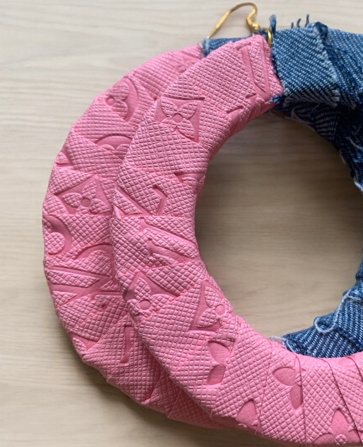 Fashion Statement Denim Pink Wood Distressed Customized Big Hoops Designer Earrings Jewelry