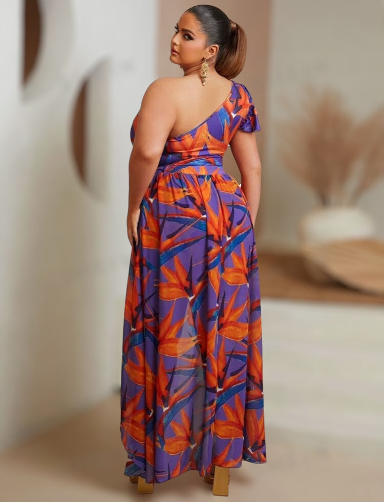 Grown & Sexy Beautiful Plus Size Allover Island Girl Styled Colors Printed One Shoulder High Low Skirt Wrap Sheer Dressy Clothes