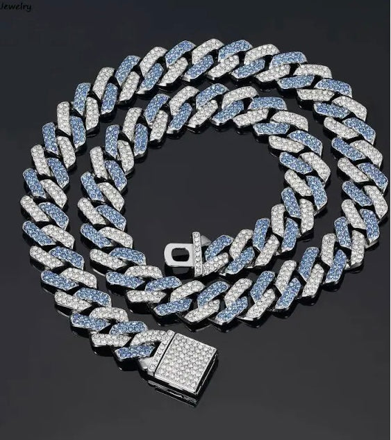 Blue Iced Out Cuban Link Chain Silver Tone Jewelry Rhinestone Bling Statement Unisex Necklace