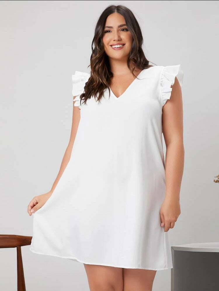 Classy Sassy Trendy Comfy Fit Plus V Neck Ruffle Trim Tunic Over Knee Dress for the Women’s Cute Curvy Girls