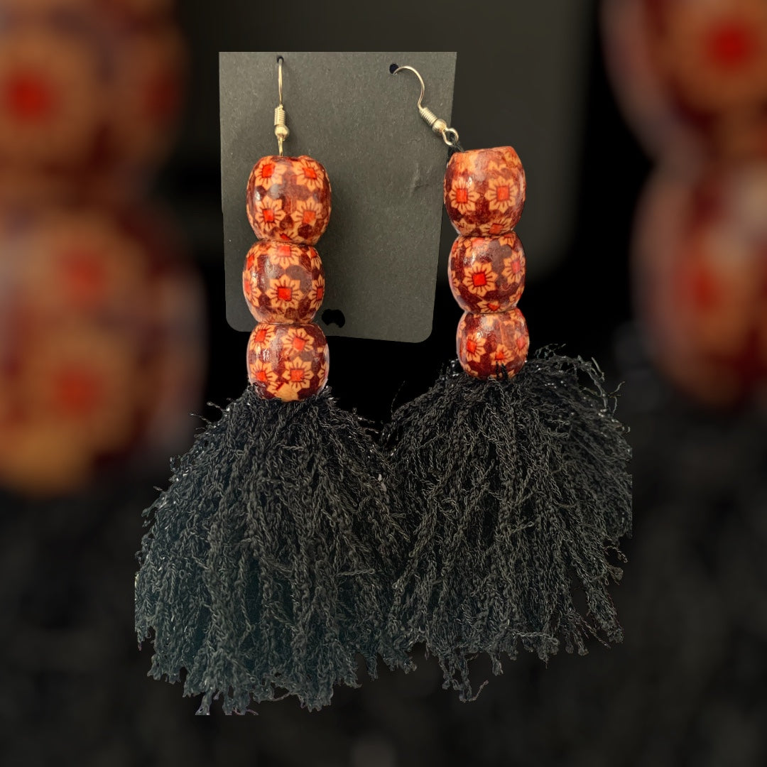 Fashion Statement Black Floral Beaded Fringe Customized Earrings Jewelry