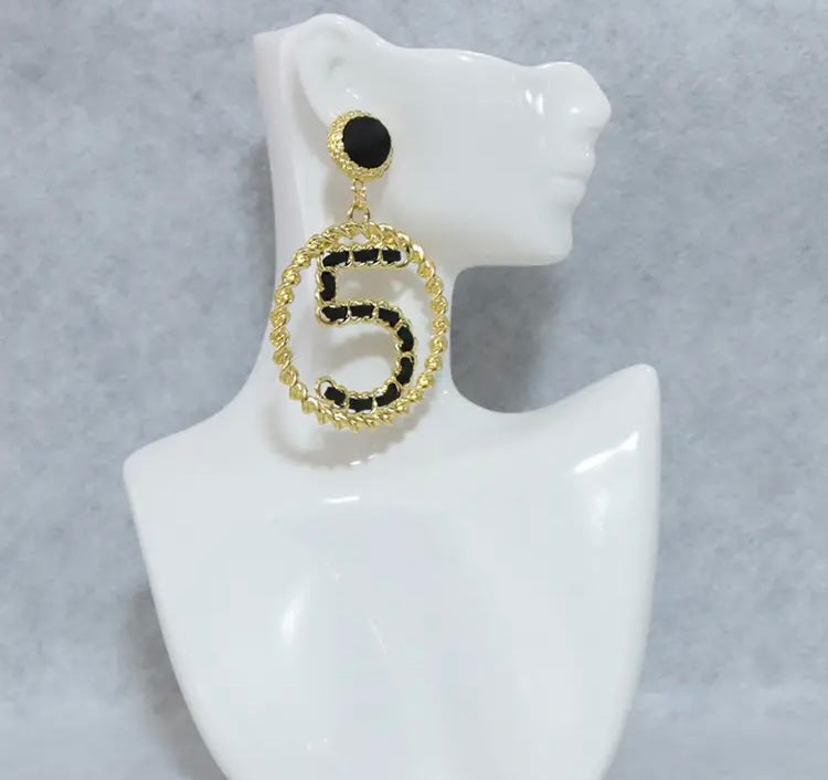 Famous Design Golden Women Number 5 Earrings Fashion Trendy Jewelry Accessories