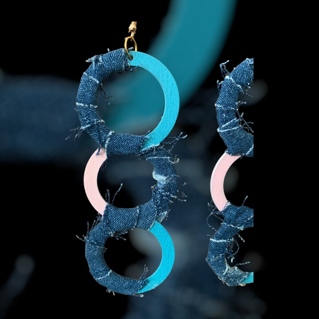 Fashion Statement Triple Denim Round Wood Distressed Baby Blue & Baby Pink Accents Customized Earrings Jewelry