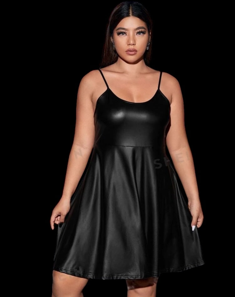 Stunning PU Leather Black Plus Size Flare Hem Sexy Girls Night Out Mini Cami Spaghetti Strap Dress Clothing