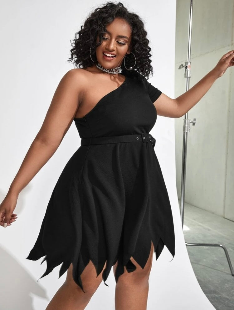 Sexy Party Lil Black Dress Plus One Shoulder Asymmetrical Hem Belted Dress for Party Dates Formal Clothing