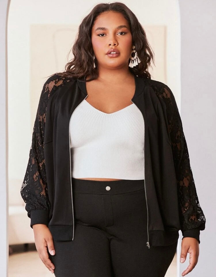 Black Lace Sleeve Bomber Zip Jacket Coat Plus Wear
