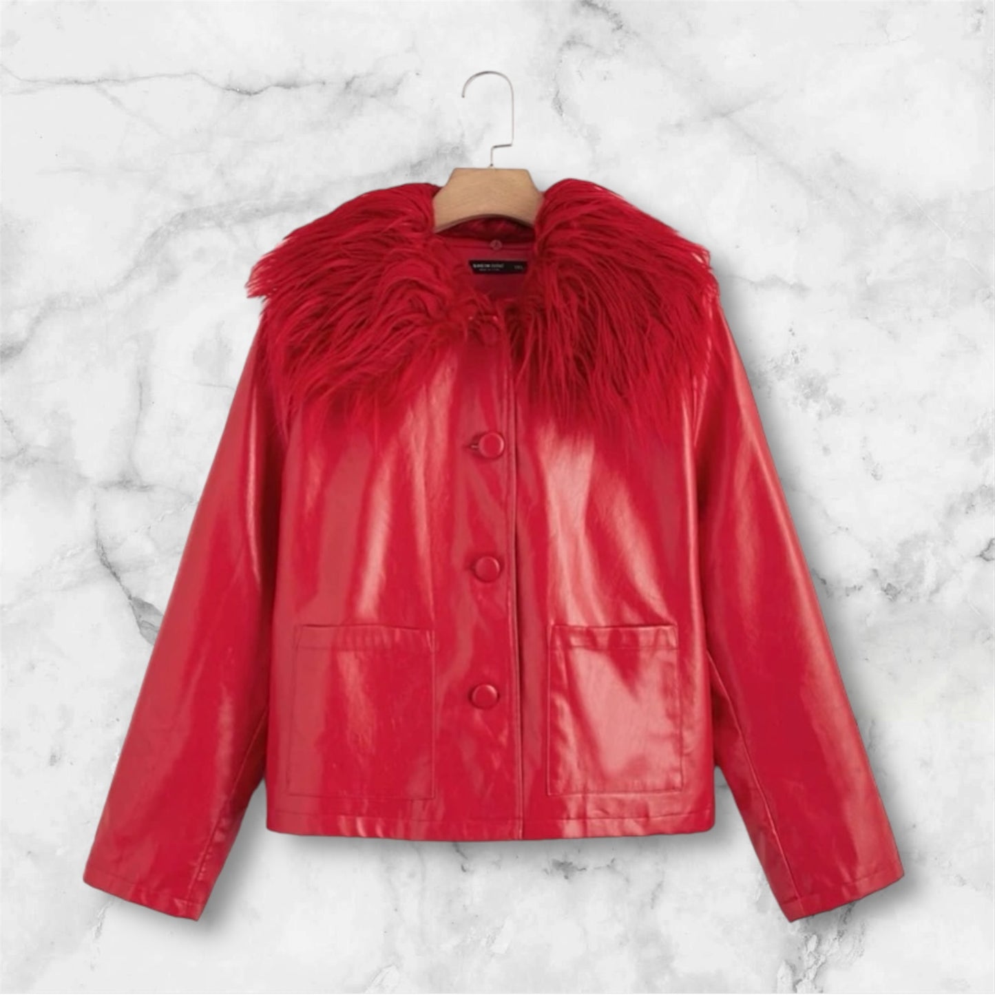 Cotton Candy Sexy Red Plus Size Fur Fuzzy Collar PU Leather Jacket Coat Winter Wear