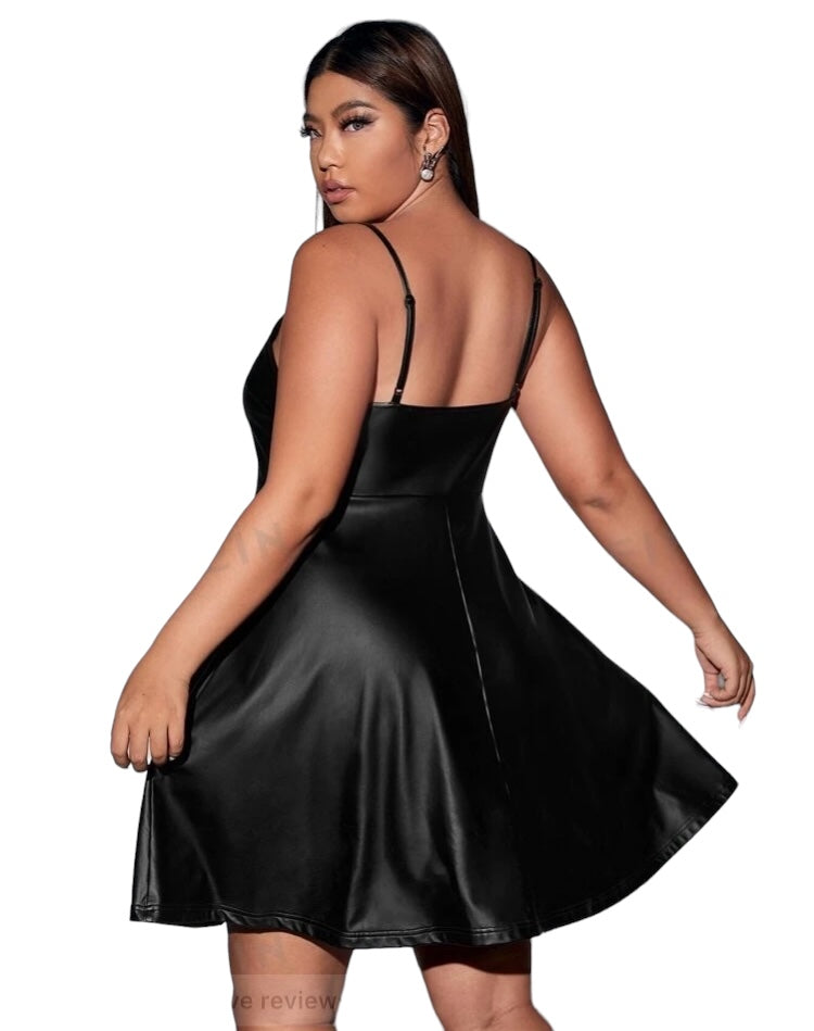 Stunning PU Leather Black Plus Size Flare Hem Sexy Girls Night Out Mini Cami Spaghetti Strap Dress Clothing