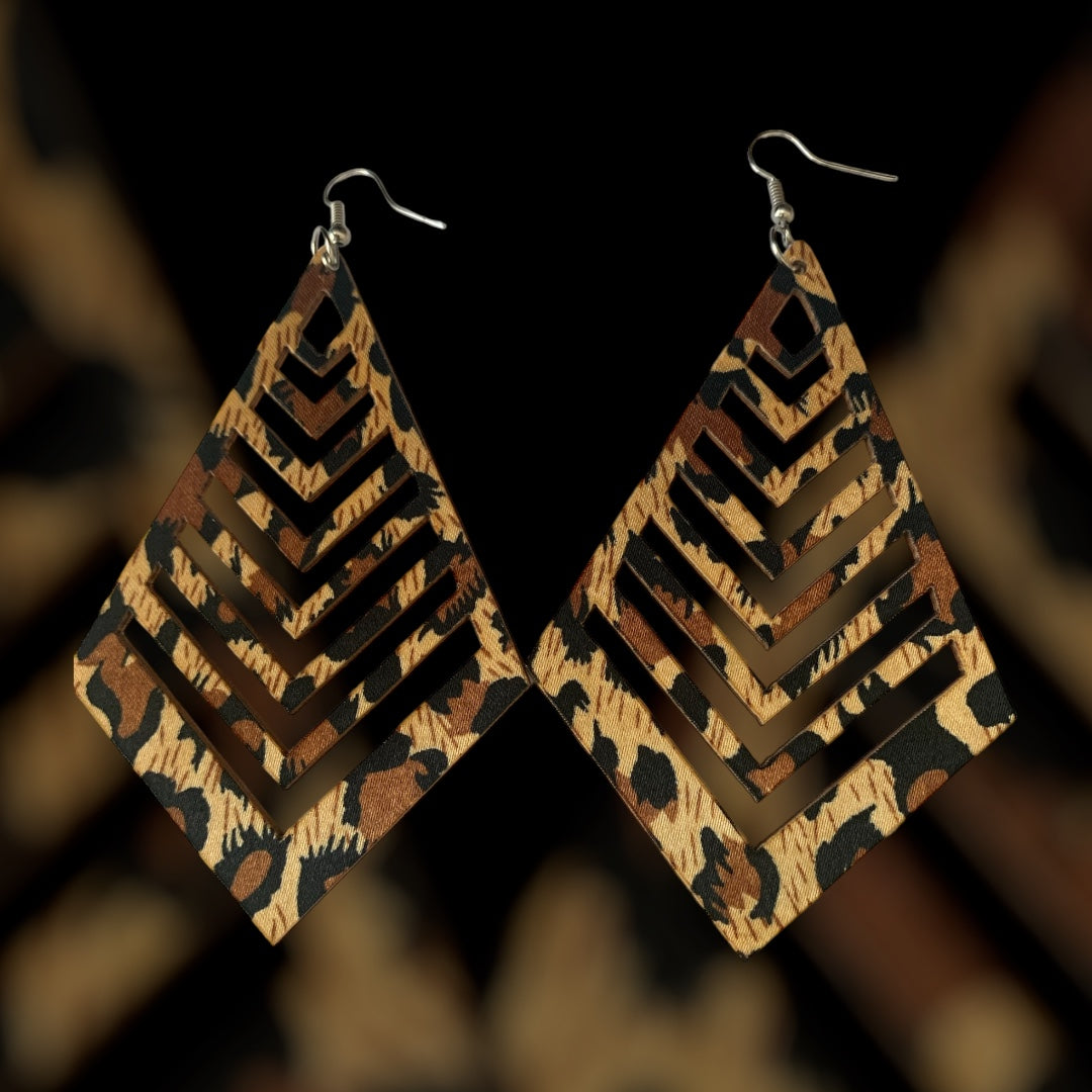 Ladies Women's Brown Long Acrylic Styled Fashion Wood Statement Earrings Cheetah Styled Accessories