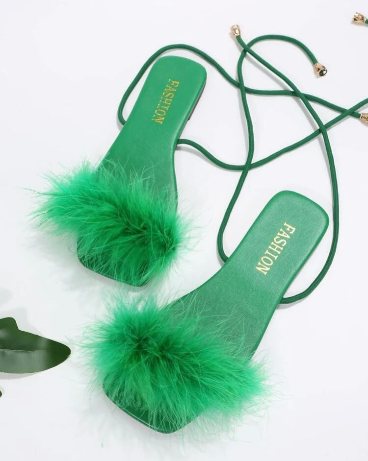 Green Women Fluffy Open Toe Flat Ankle Strappy Sandals Cute Pretty Party Comfy Shoe Sandals