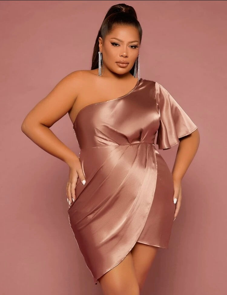 Sheer & Silk Rose Gold Plus One Shoulder Ruched Wrap Mini Formal Wedding Casual Satin Dress Clothes