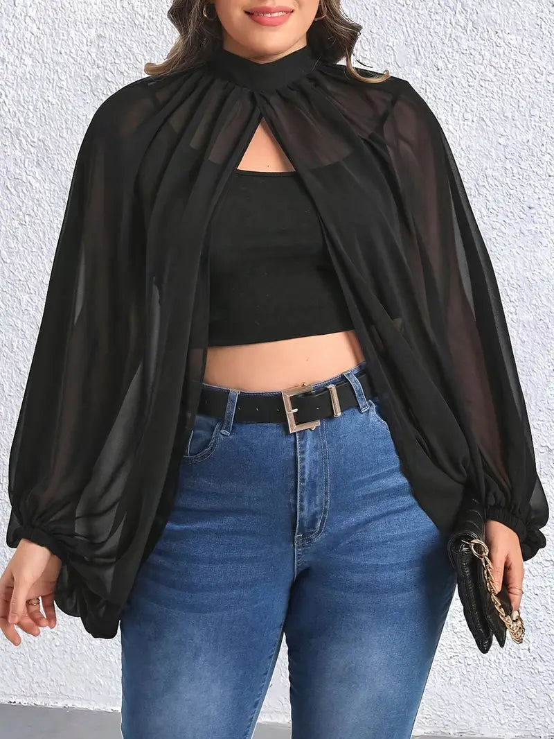 Black Sheer Plus Size Elegant Mock Neck Split Blouse Lantern Sleeve Comfortable Fit for Curvy Women