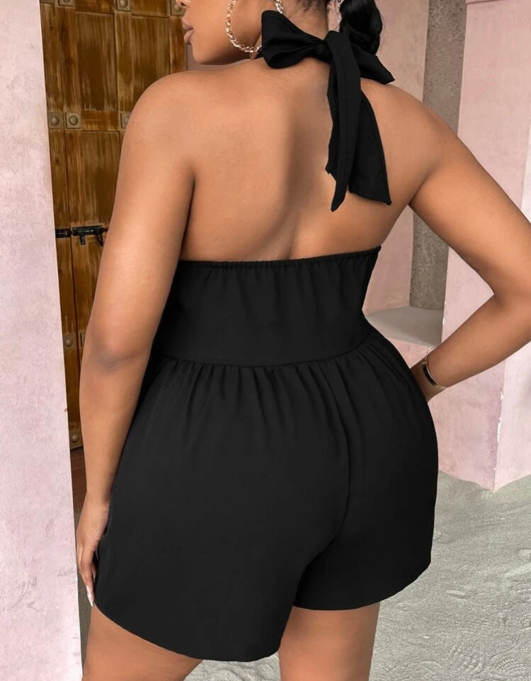 Sexy Slay Diva All Black Everything Plus Cut Out Halter Shorts Romper Women’s Clothing