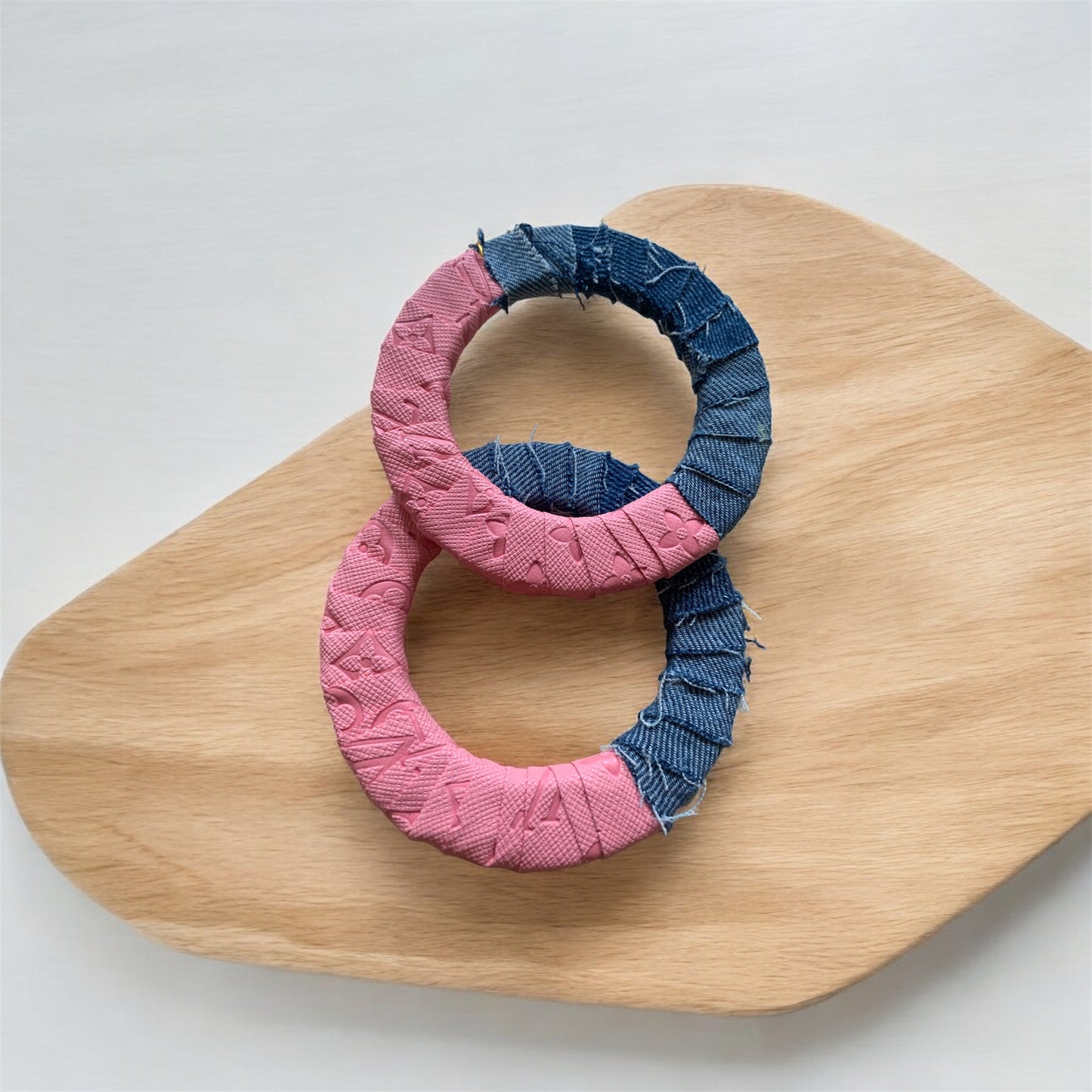 Fashion Statement Denim Pink Wood Distressed Customized Big Hoops Designer Earrings Jewelry
