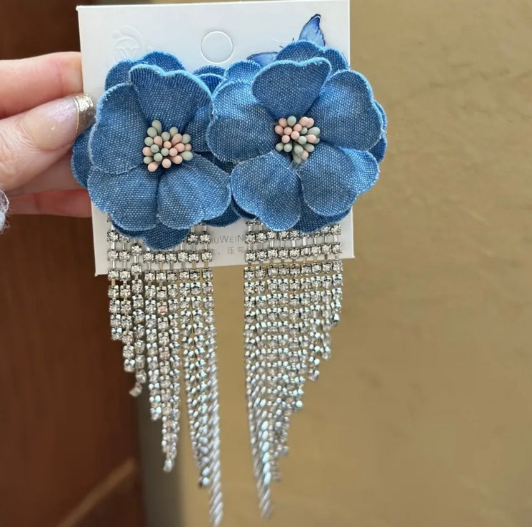 Elegant Styled Denim Blue Flower Tassel Earrings With Rhinestones Dangle Earrings for Formal & Casual Wear