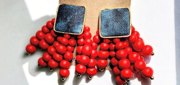 Red Denim Wooden Round Beaded Chain Drop Earrings High-Quality Fashion Trend Jewelry Accessories