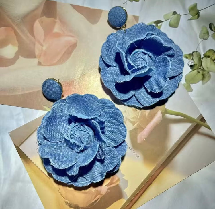 Denim Rose Flower Women Drop Bold Elegant Exaggerate Statement Earrings