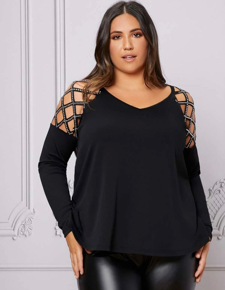 Elegant Classy Sassy Bejeweled Plus Cut Out Rhinestone Black Long Sleeve Peep Shoulder Top Blouse Wearable Clothing