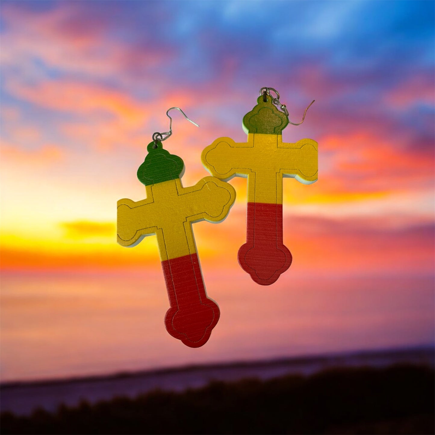 Ladies Jamaican Bob Marley Styled Wood Cross Fashion Statement Dangle Women's Earrings