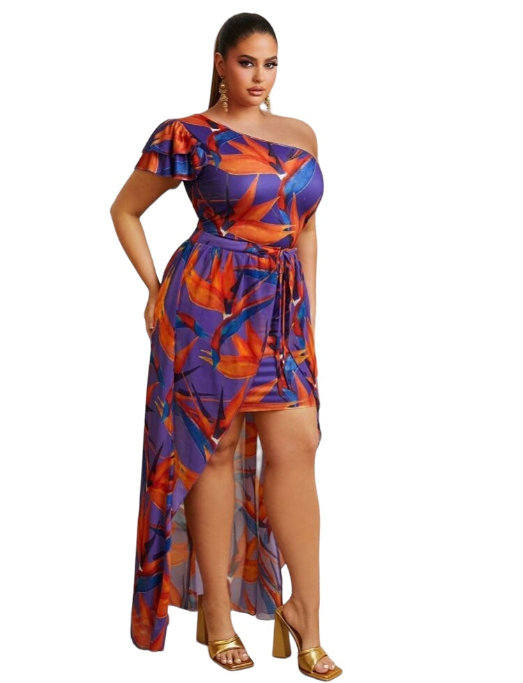 Grown & Sexy Beautiful Plus Size Allover Island Girl Styled Colors Printed One Shoulder High Low Skirt Wrap Sheer Dressy Clothes