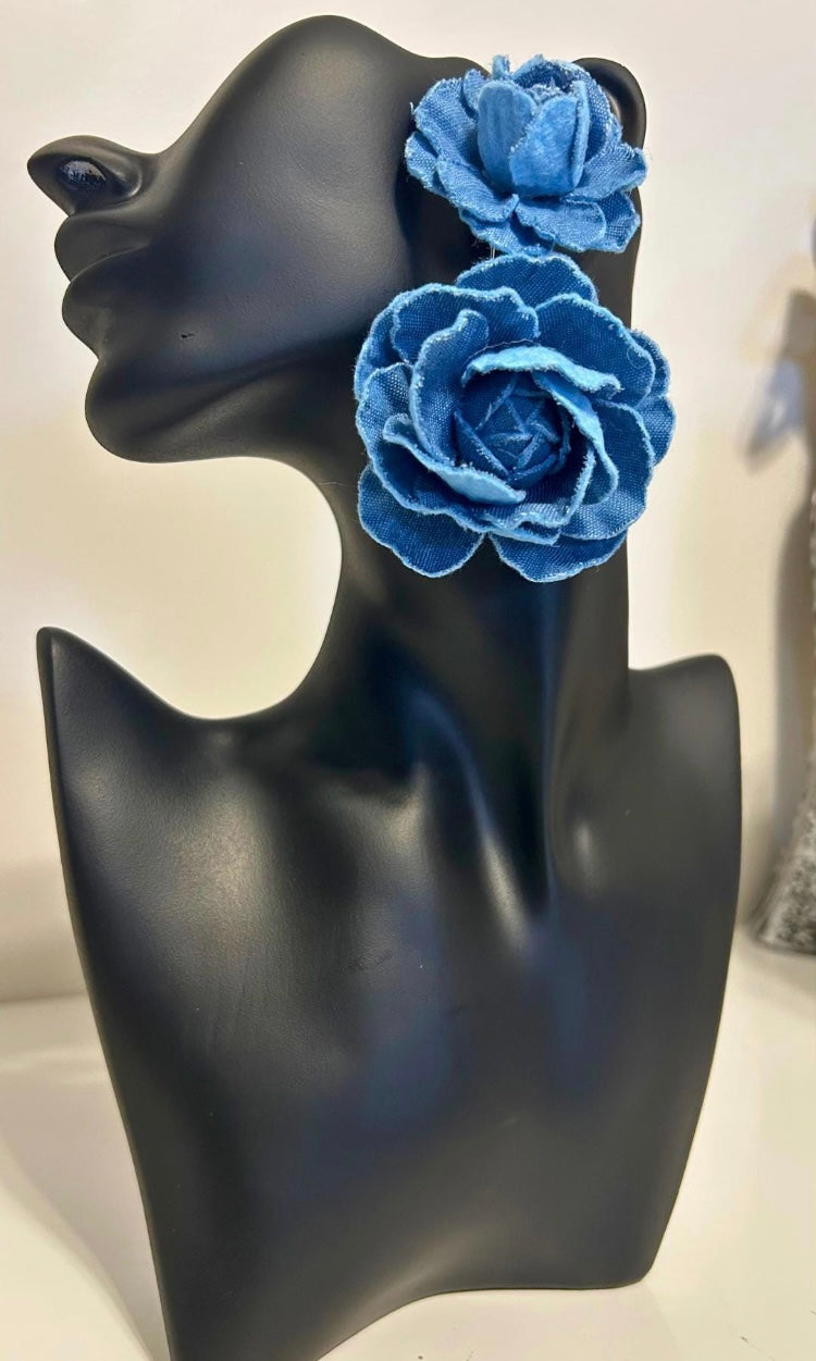 Elegant Big Denim Floral Rose Drop Earrings for Women Stylish Flower Design Accessories