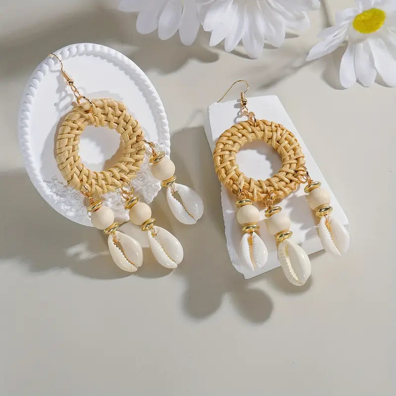 Nice Cowrie Round Woven and Shell Dangle Earrings for Everyday Wear & Beach Summer Getaway Accessories