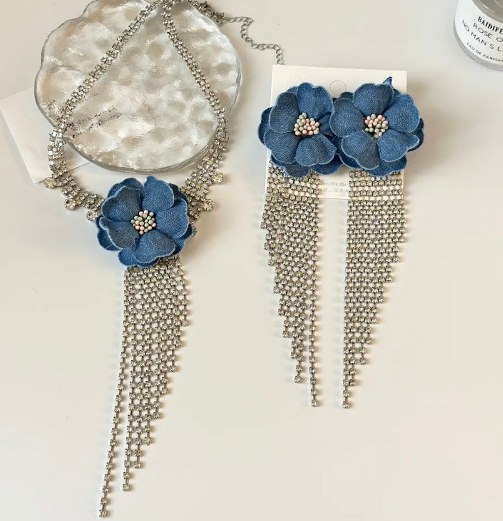 Elegant Styled Denim Blue Flower Tassel Earrings With Rhinestones Dangle Earrings for Formal & Casual Wear
