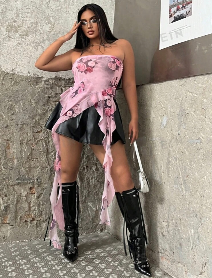 Pink Floral Sheer Sexy Plus Size Ruched Tight Fit Top Blouse Casual Formal Spring & Summer Party Vibes Women's Plus Size Clothing