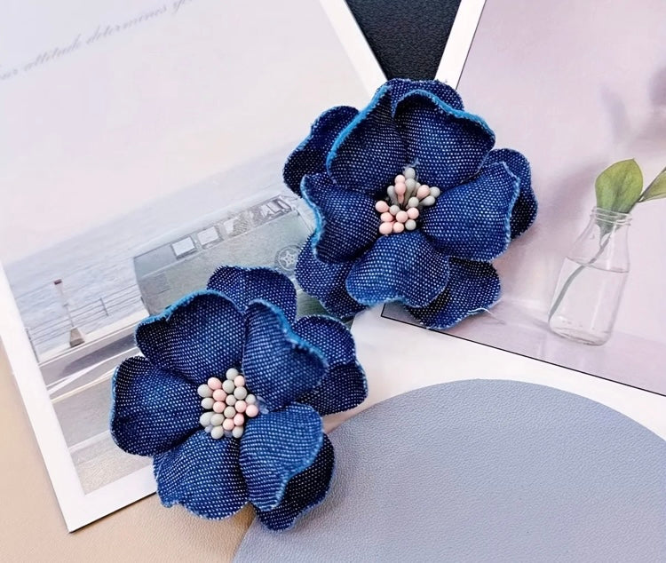 Denim Pretty Stud Handmade Flower Blue Jeans Floral Statement Hot Fashion Ladies Earrings