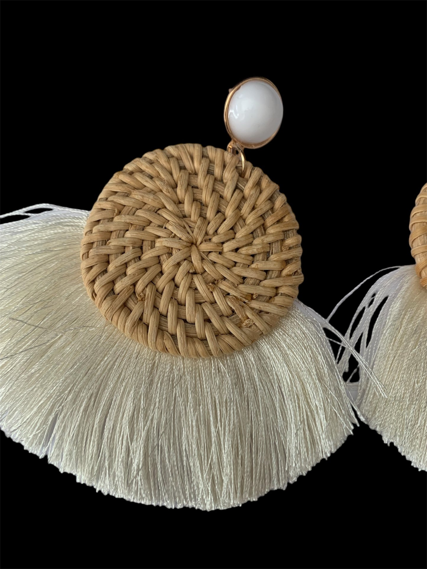 Women's White Woven Beach Styled Feathered Bamboo Styled Statement Fashion Earrings Accessory