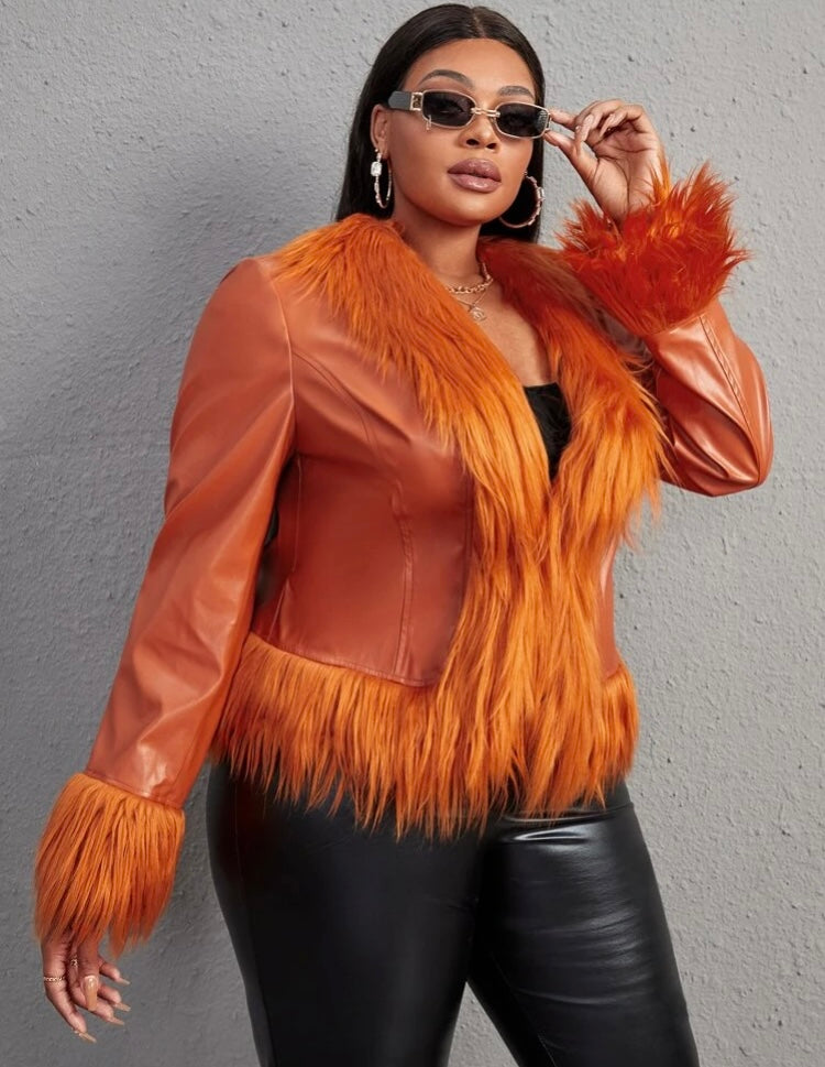 Orange & Tangy Plus Size Diva Fur Fuzzy Cuff Shawl Collar PU Leather Jacket Coat Winter Wear
